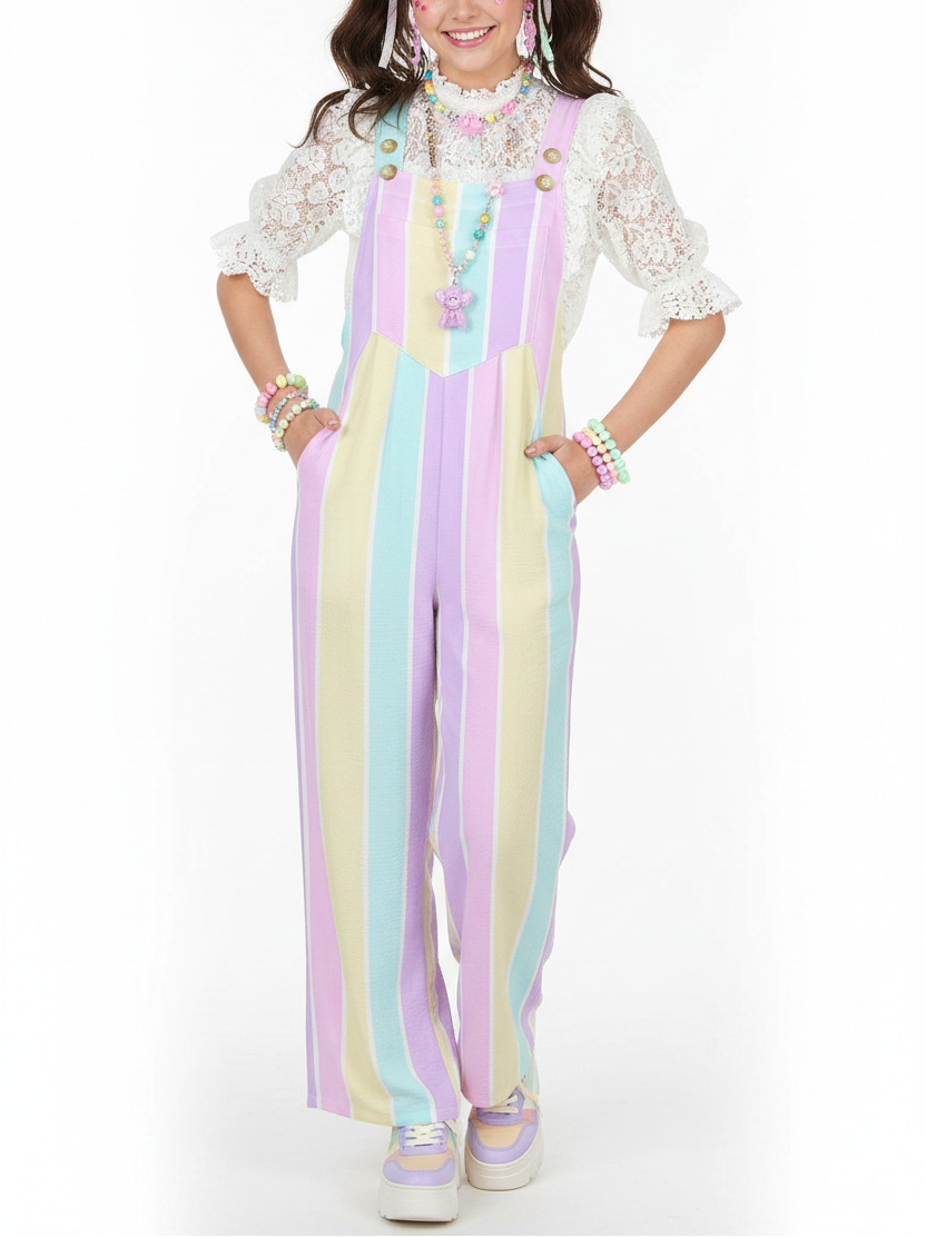Pastel Stripes Adjustable Strap Wide Leg Jumpsuit Overalls With Pockets