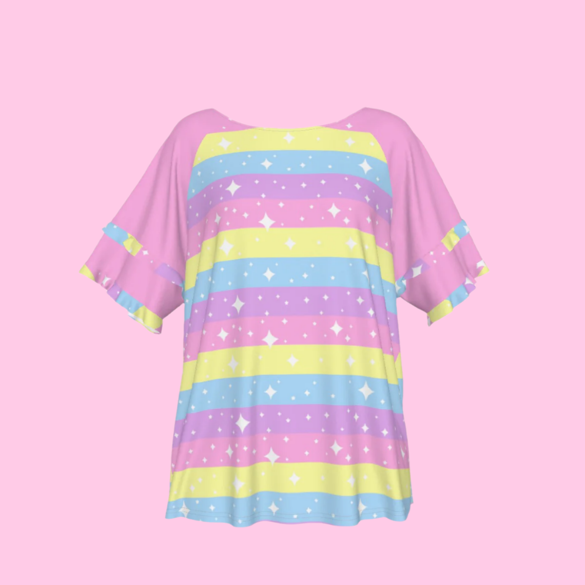 Rainbow Ribbon Round Neck Raglan Sleeve Ruffle Frill T-Shirt (Pink)