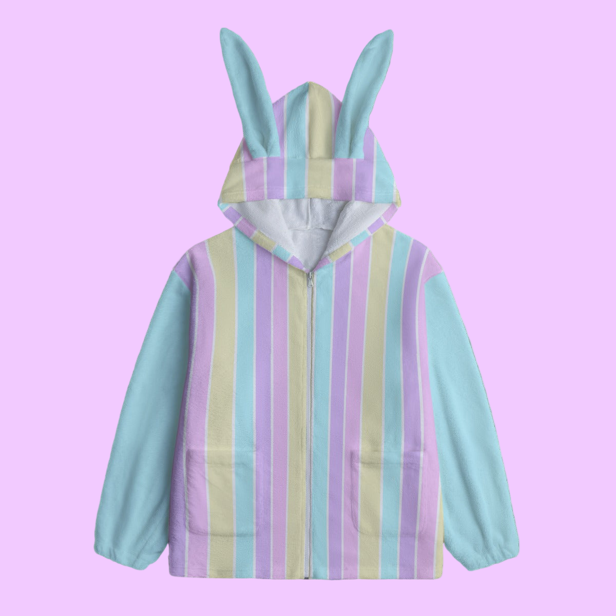 Pastel Stripes Blue Soft Plush Fleece Bunny Ear Zip Up Hoodie With Pockets