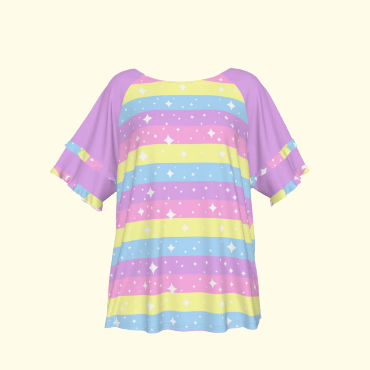 Rainbow Ribbon Round Neck Raglan Sleeve Ruffle Frill T-Shirt (Purple)