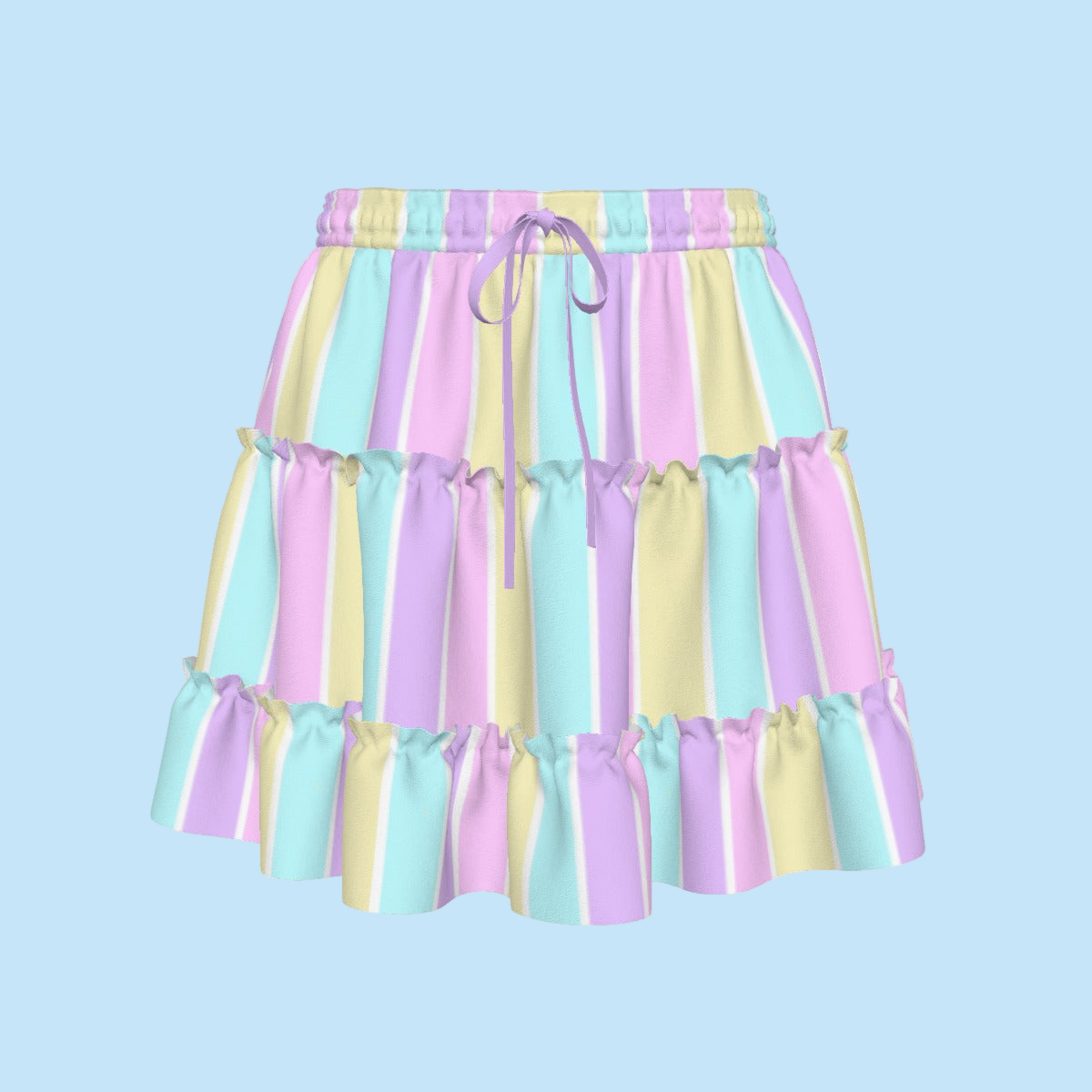 Pastel Stripes Waist Tie Tiered Ruffle Mini Skirt