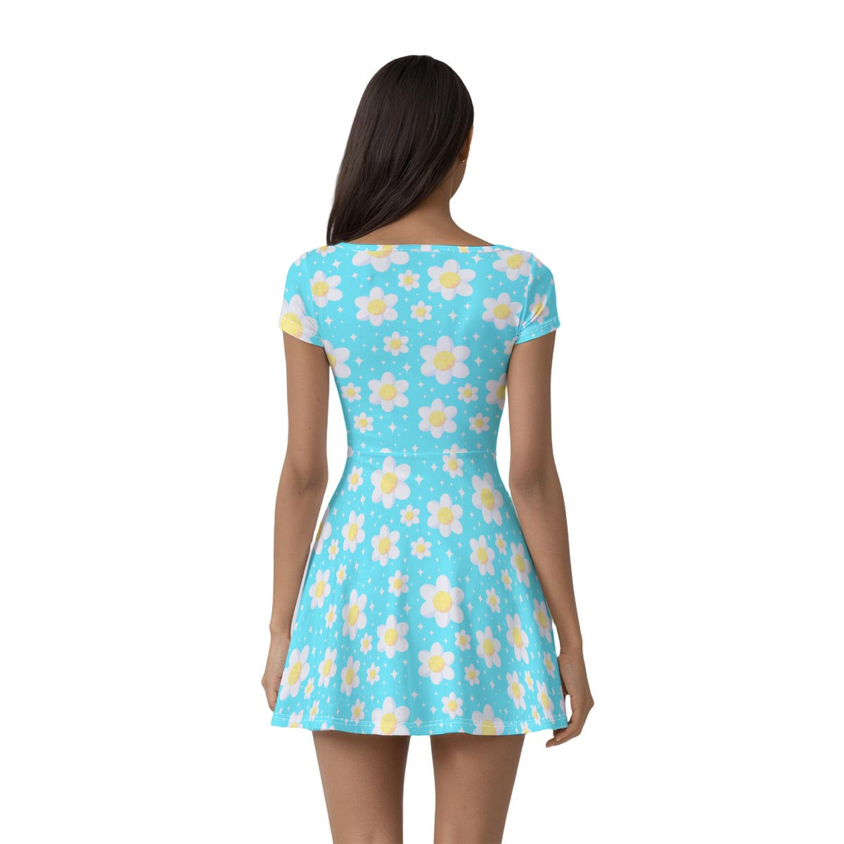 Daisy Dreams Sporty Women’s Square Neck Cap Sleeve Athletic Exercise Mini Dress With Shorts (Aqua Blue)