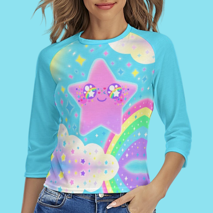 Rainbow Decora Star Women's Raglan 3/4 Sleeve T-shirt (Blue)