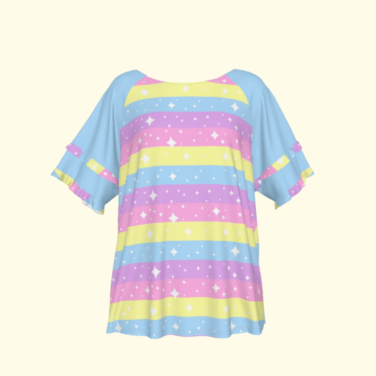 Rainbow Ribbon Round Neck Raglan Sleeve Ruffle Frill T-Shirt (Blue)