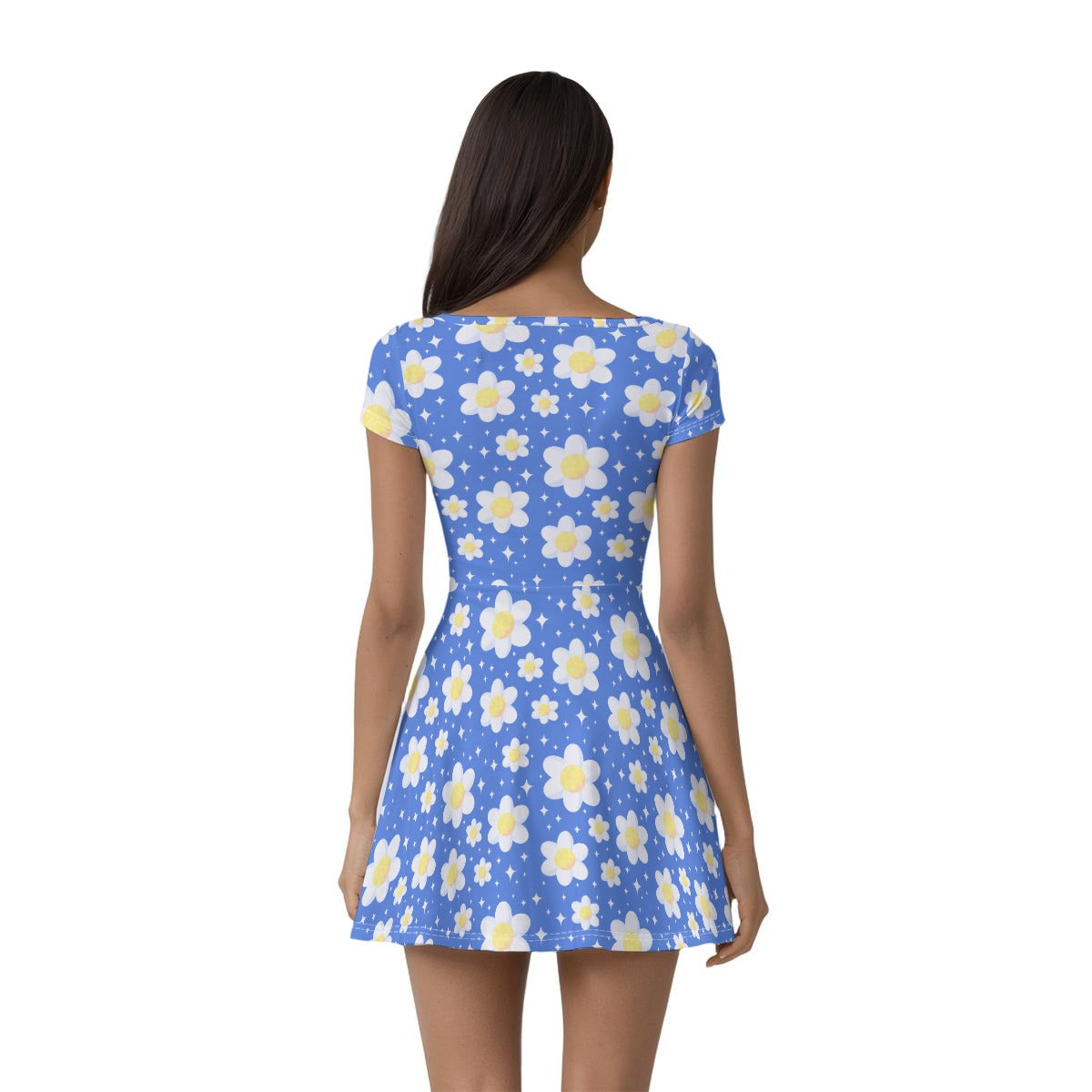 Daisy Dreams Sporty Women’s Square Neck Cap Sleeve Athletic Exercise Mini Dress With Shorts (Cobalt Blue)