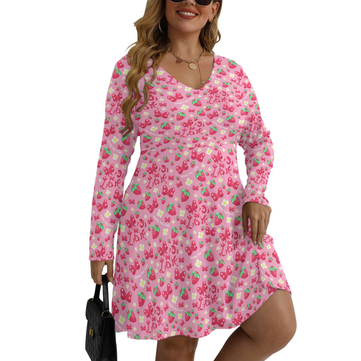 Strawberry Ribbon Women's V-Neck Long Sleeve Dress (Plus Size) XL / Pink & Red Strawberry Ribbon Women's V-Neck Long Sleeve Dress (Plus Size) XL / Pink & Red