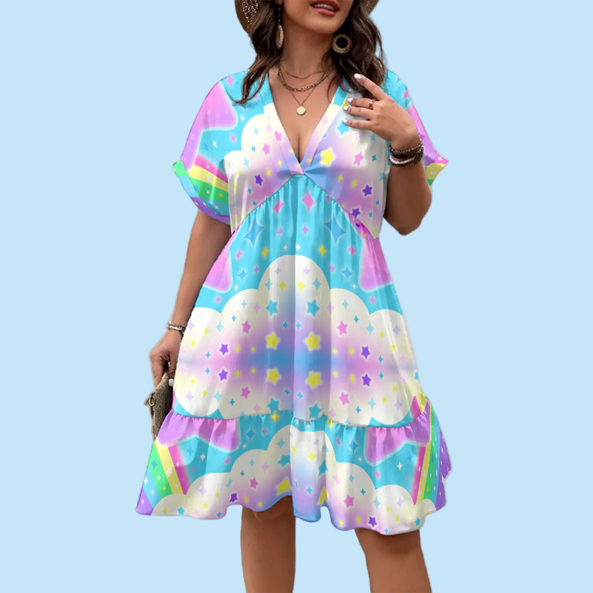 Rainbow Decora Star Women’s Boho Short Sleeve V-Neck Tiered Ruffle Hem Midi Dress