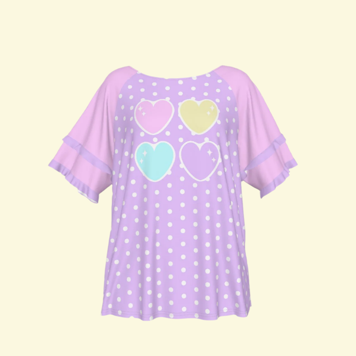 Sweet Love Hearts Purple Round Neck Raglan Sleeve Ruffle Frill T-Shirt (Polka Dots)