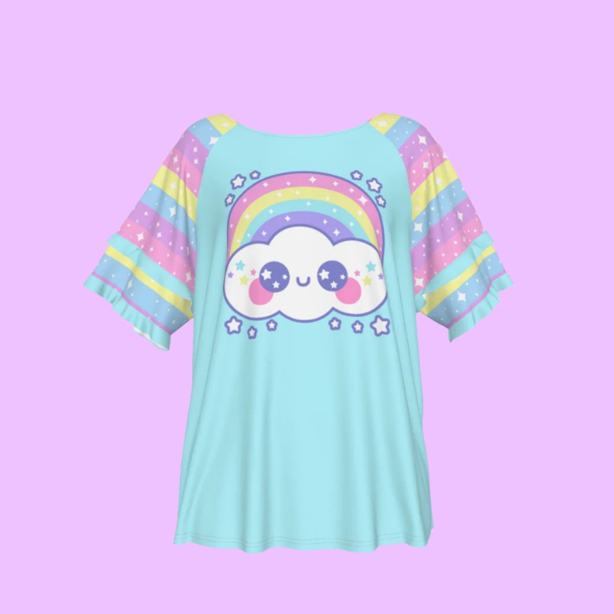 Happy Rainbow Cloud Blue Round Neck Raglan Sleeve Ruffle Frill T-Shirt