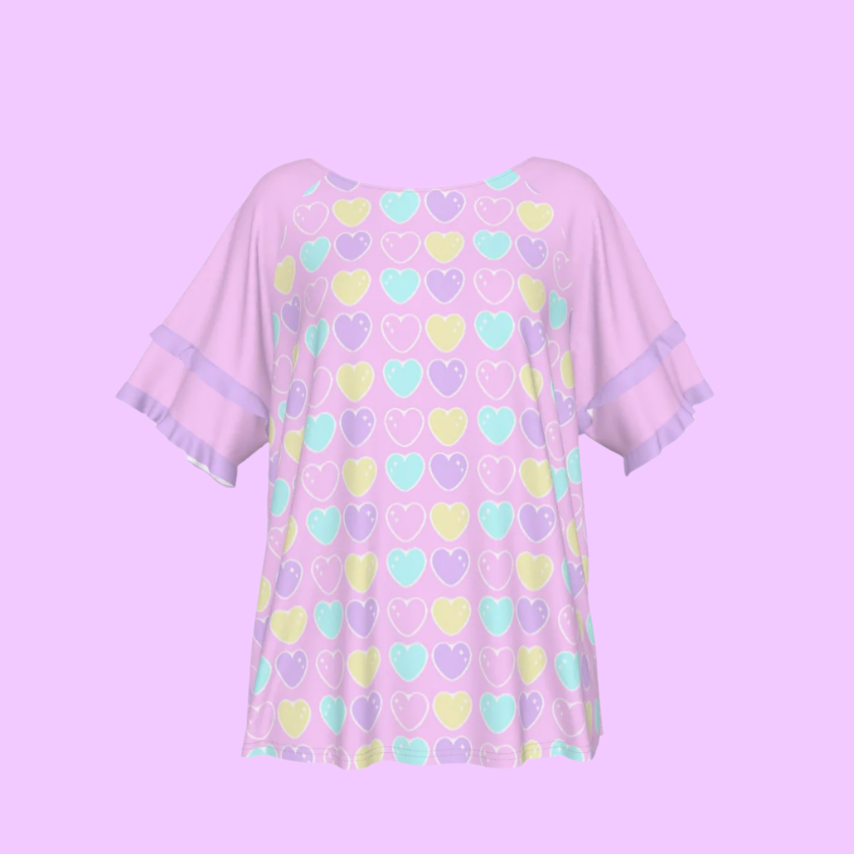 Sweet Love Hearts Pink Round Neck Raglan Sleeve Ruffle Frill T-Shirt