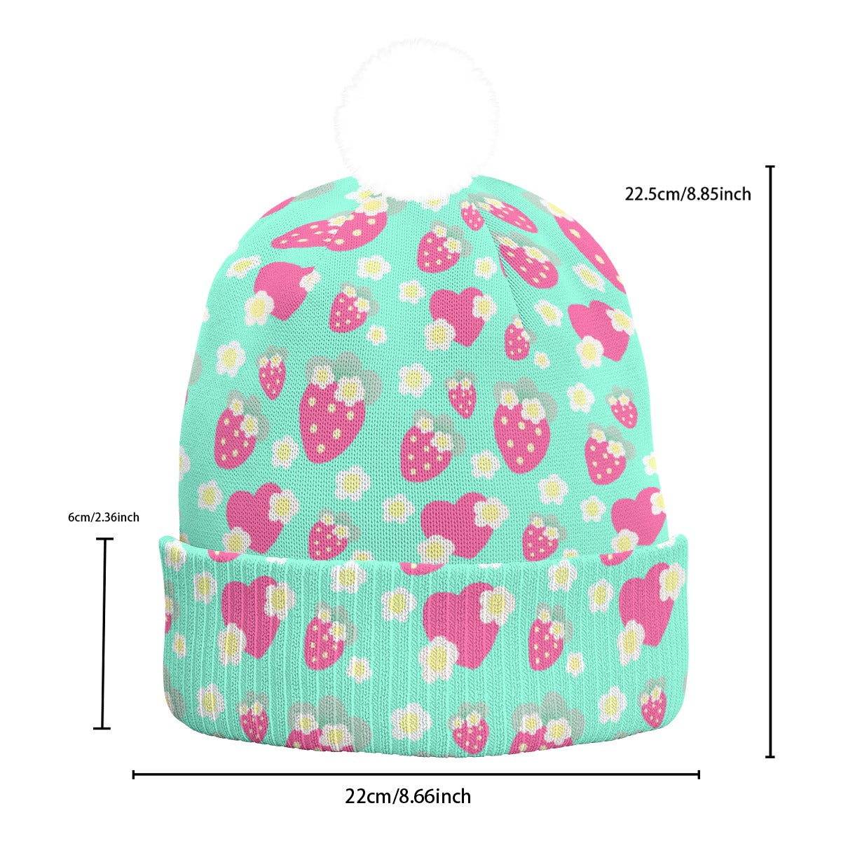 Strawberry Cutie Knitted Beanie Hat With Pom-Pom (Fruity Berry Mint)