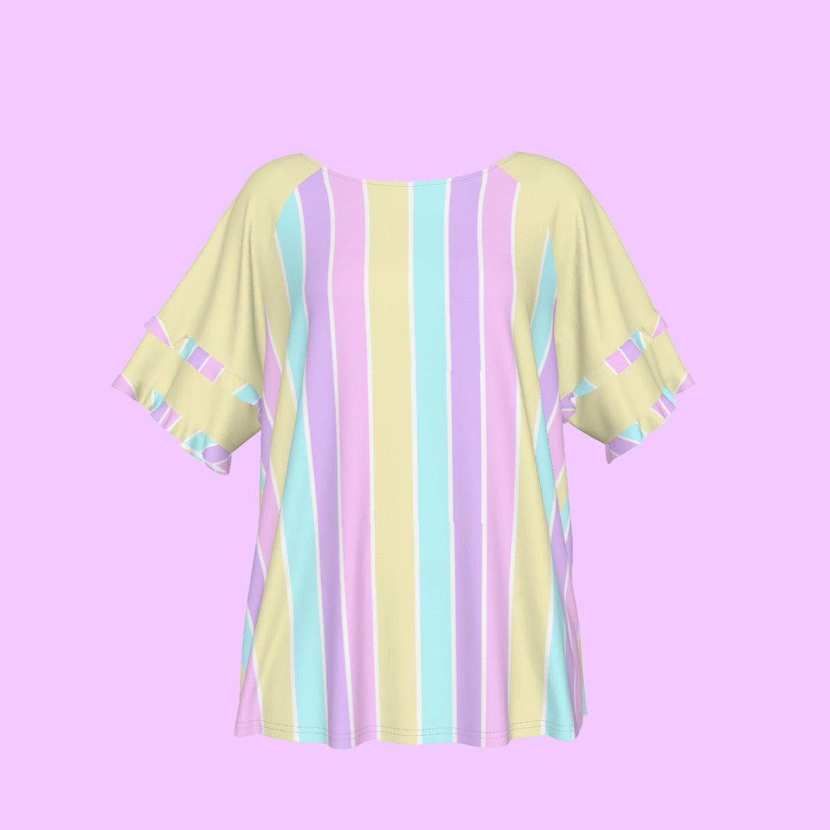 Pastel Stripes Yellow Round Neck Raglan Sleeve Ruffle Frill T-Shirt