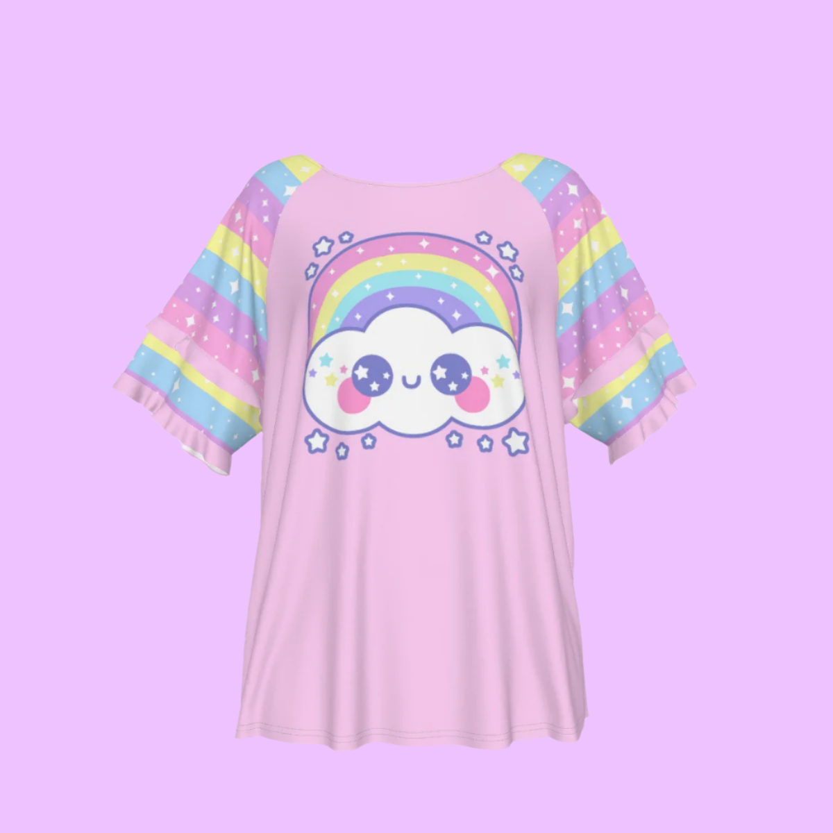 Happy Rainbow Cloud Pink Round Neck Raglan Sleeve Ruffle Frill T-Shirt