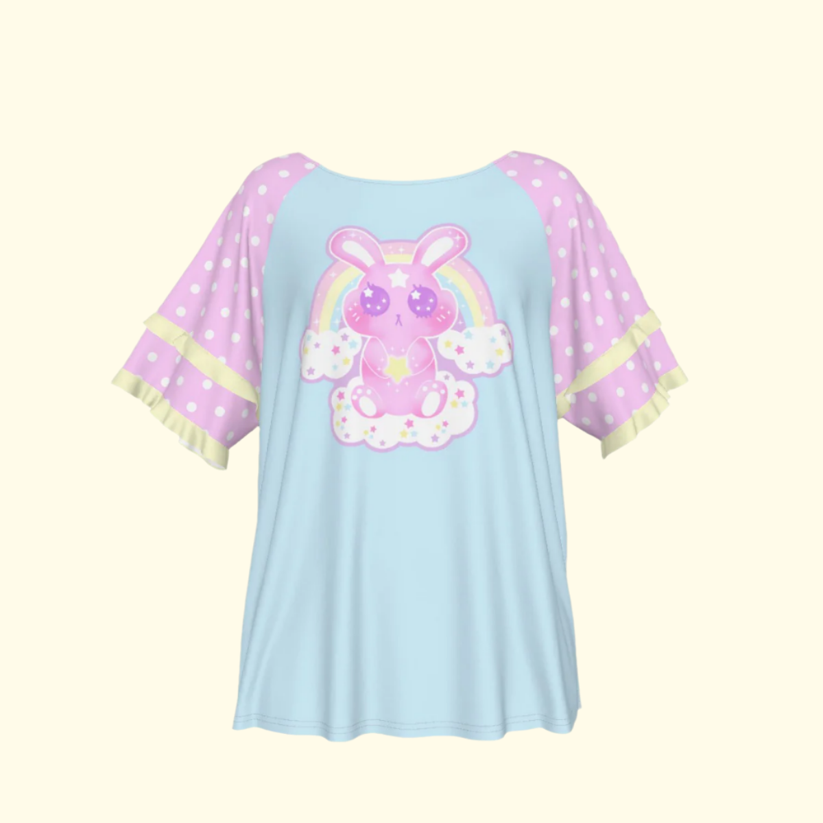 Wishing Bunny Blue Round Neck Raglan Sleeve Ruffle Frill T-Shirt