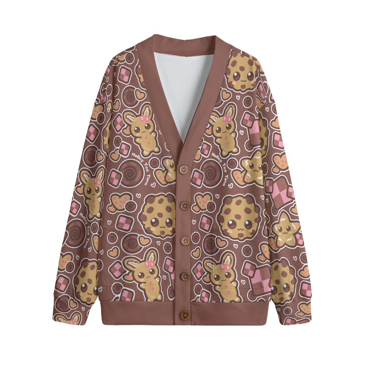 Kawaii Cookies Unisex V-Neck Knitted Fleece Button Up Cardigan With Pockets