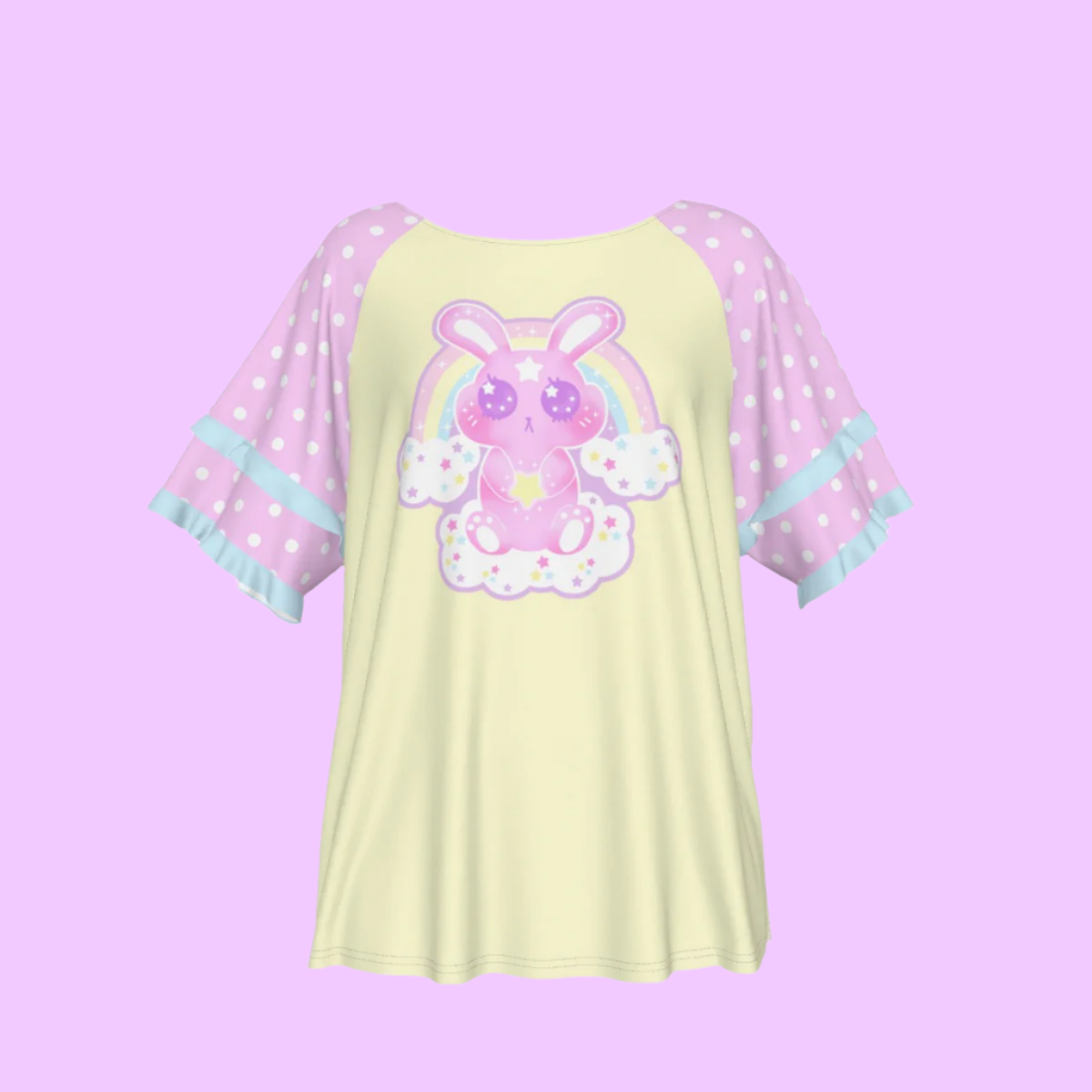 Wishing Bunny Yellow Round Neck Raglan Sleeve Ruffle Frill T-Shirt