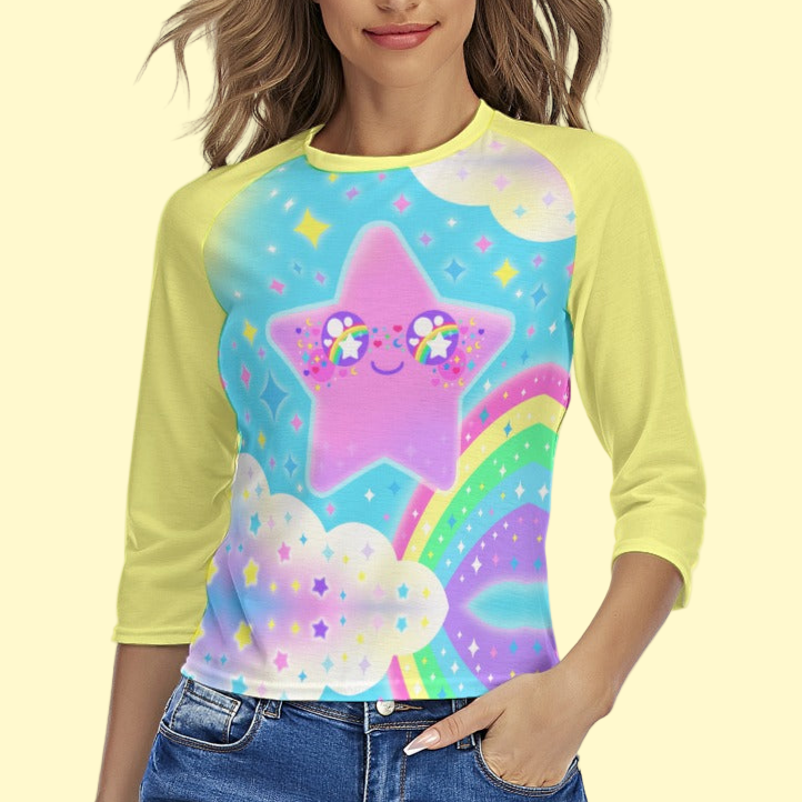 Rainbow Decora Star Women's Raglan 3/4 Sleeve T-shirt (Yellow)