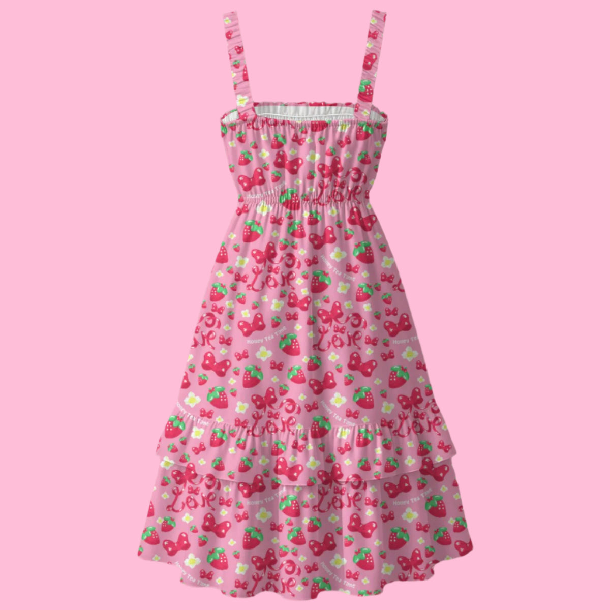 Strawberry Ribbon Sleeveless Square Neck Ruffle Hem Midi Dress