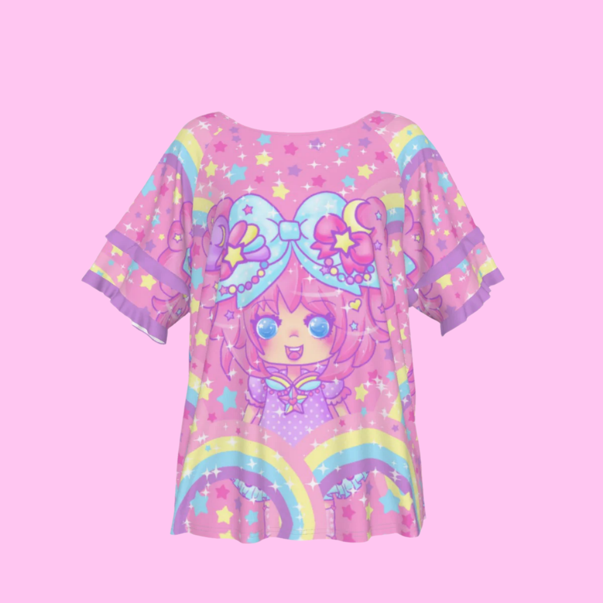 Bubbles Rainbow Land Round Neck Raglan Sleeve Ruffle Frill T-Shirt