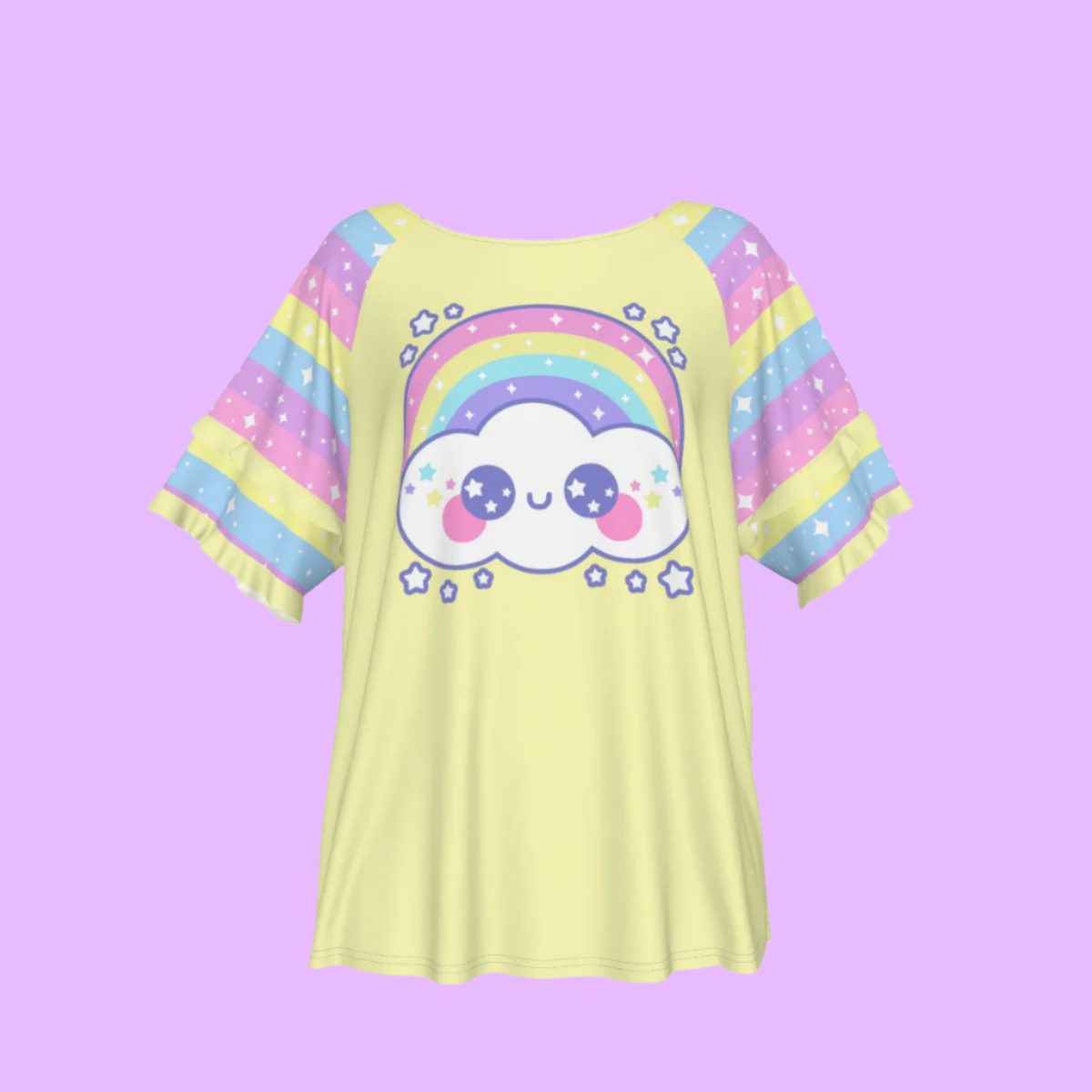 Happy Rainbow Cloud Yellow Round Neck Raglan Sleeve Ruffle Frill T-Shirt
