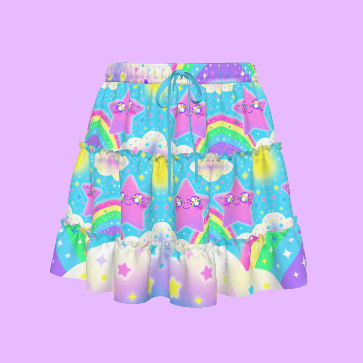Rainbow Decora Star Waist Tie Tiered Ruffle Mini Skirt