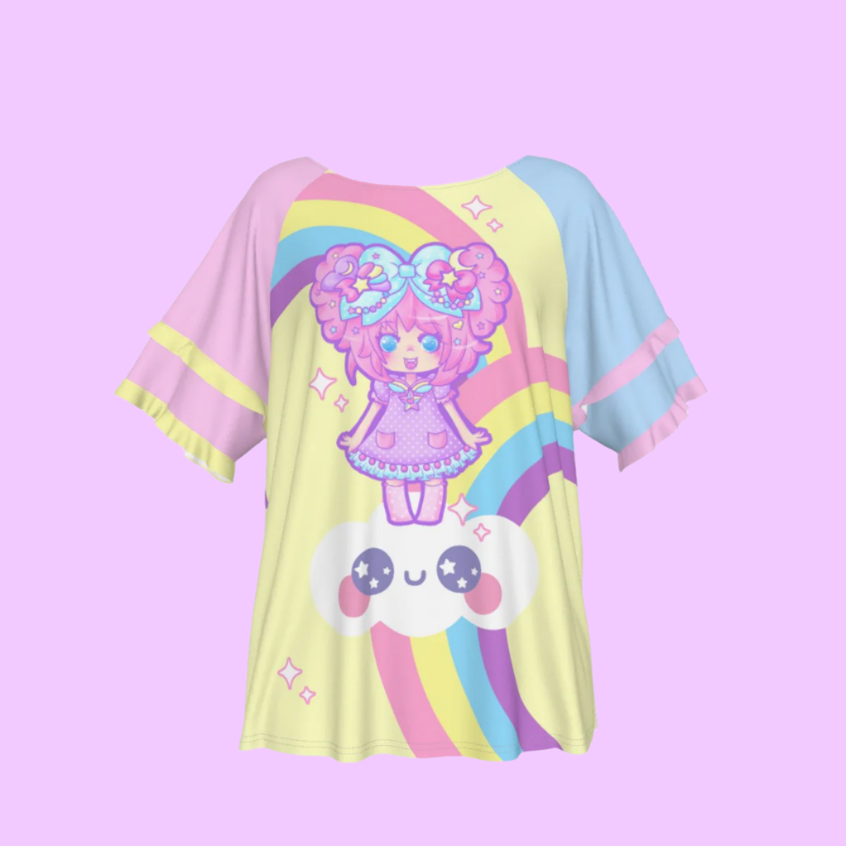 Bubbles Rainbow Land Round Neck Raglan Sleeve Ruffle Frill T-Shirt (Color Block)