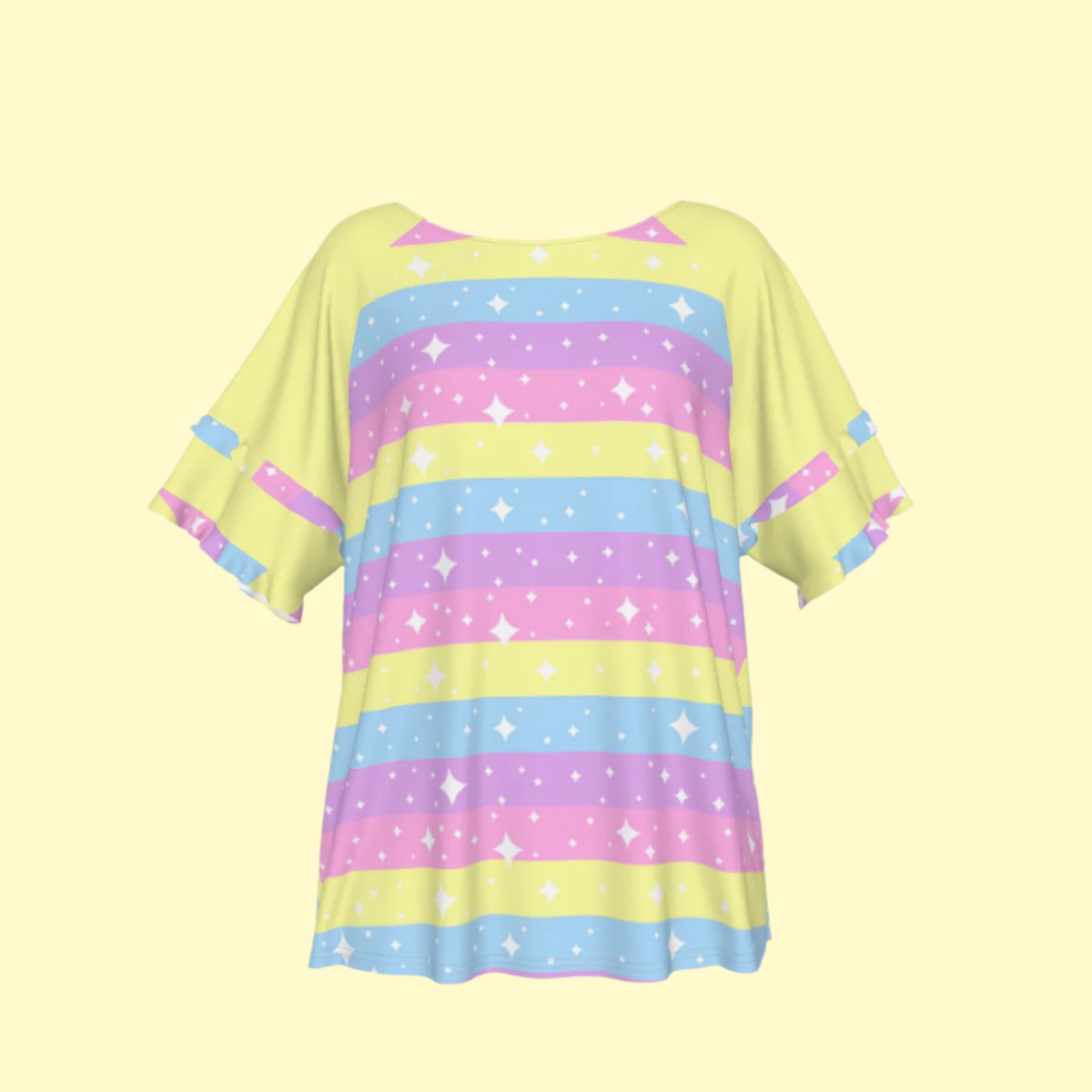Rainbow Ribbon Round Neck Raglan Sleeve Ruffle Frill T-Shirt (Yellow)