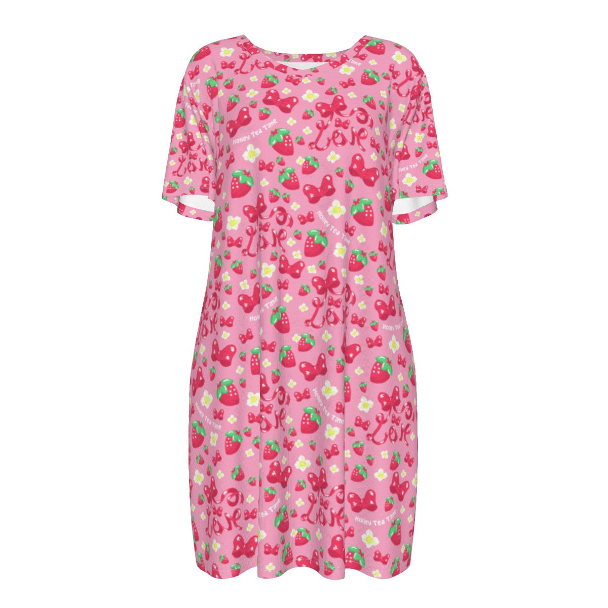 Strawberry Ribbon Women's Cotton T-Shirt Dress XL / Strawberry Ribbon Strawberry Ribbon Women's Cotton T-Shirt Dress XL / Strawberry Ribbon