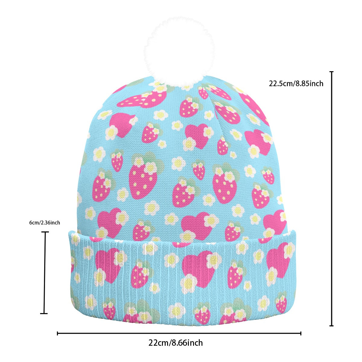 Strawberry Cutie Knitted Beanie Hat With Pom-Pom (Fruity Berry Blue)