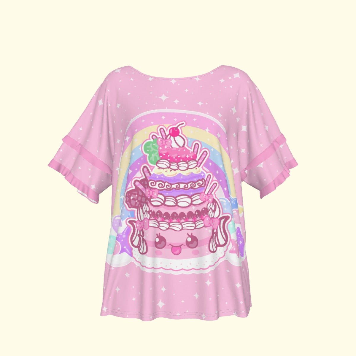 Kawaii Sparkle Cake Round Neck Raglan Sleeve Ruffle Frill T-Shirt
