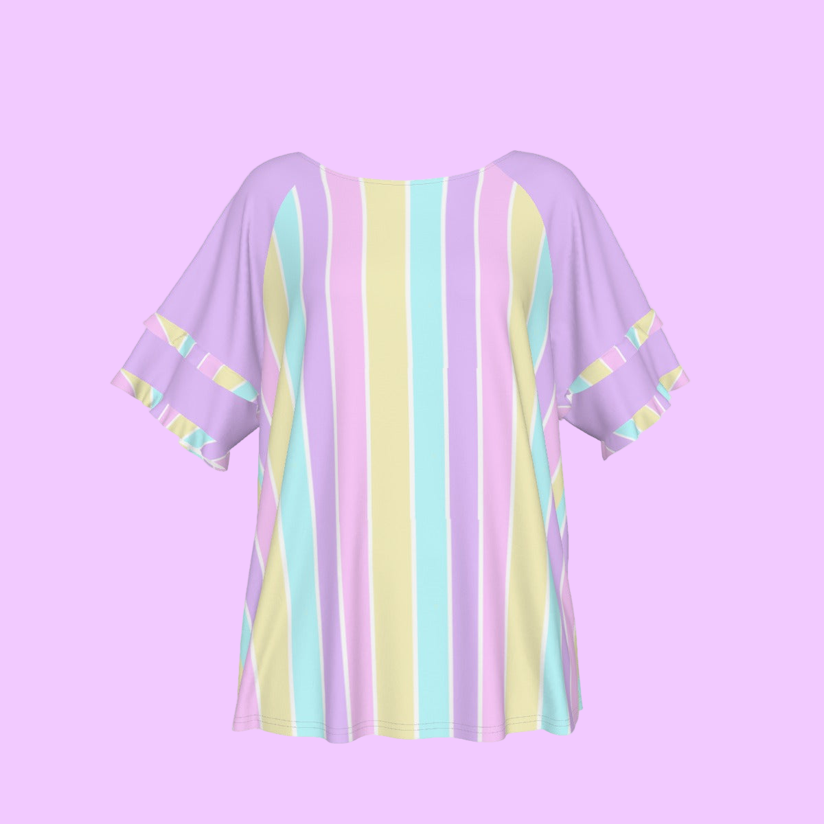 Pastel Stripes Purple Round Neck Raglan Sleeve Ruffle Frill T-Shirt