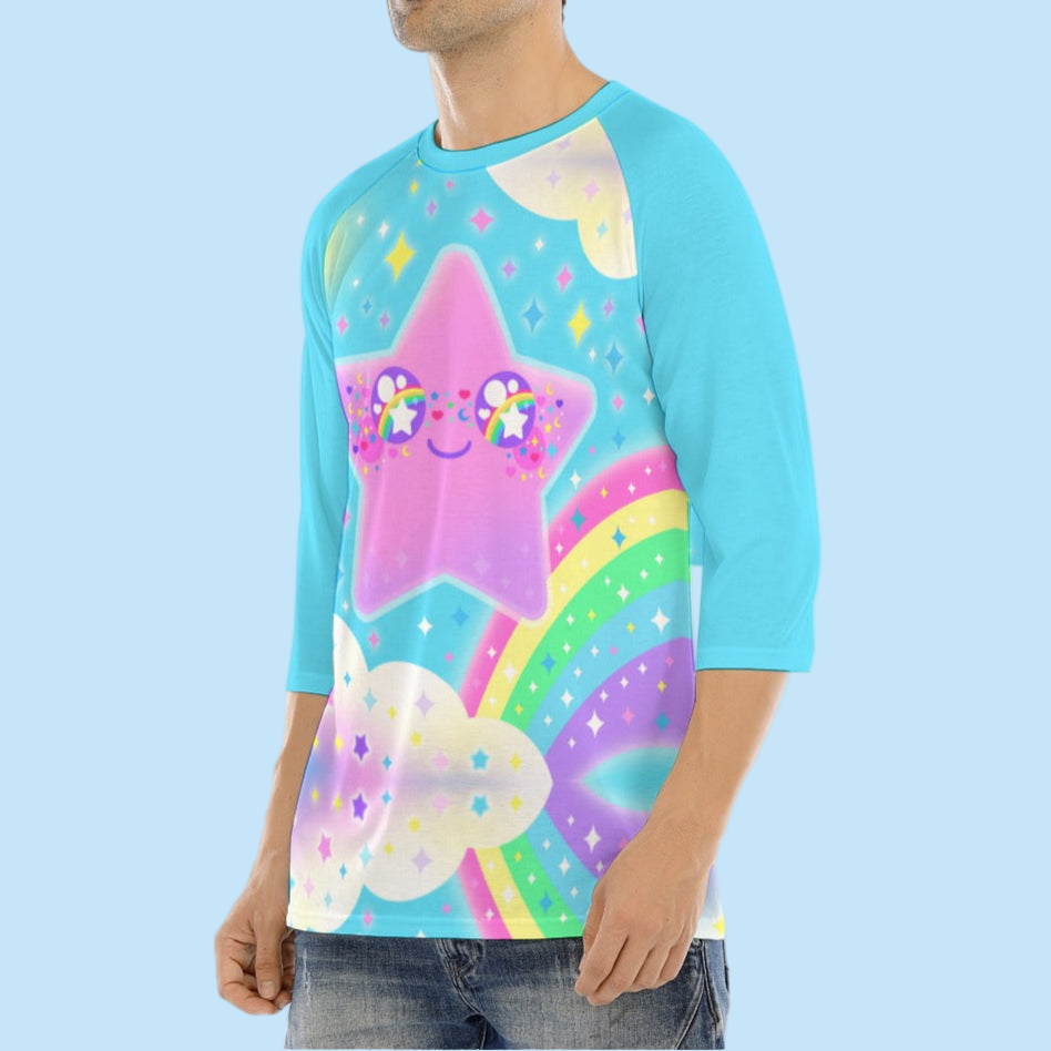 Rainbow Decora Star Unisex Raglan 3/4 Sleeve T-shirt (Blue)