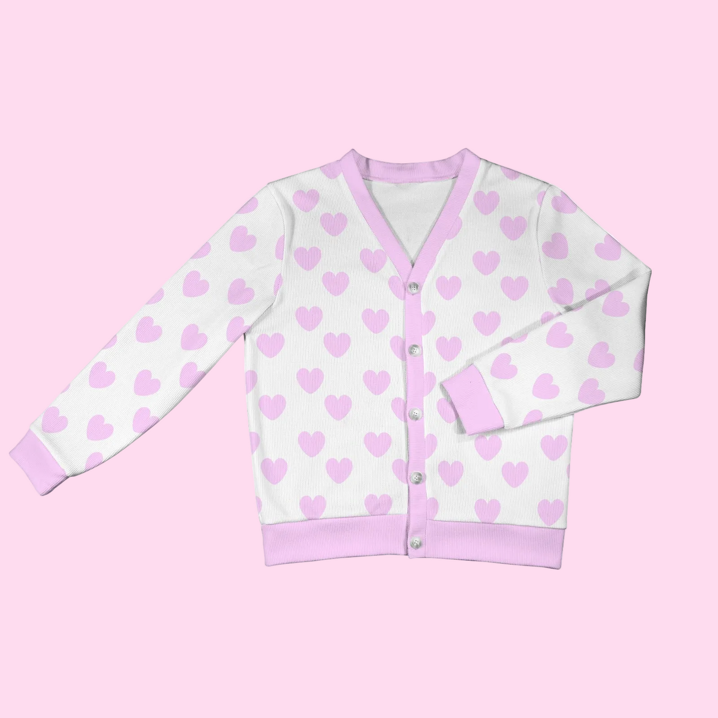 Sweet Love Hearts Ribbed Button Up Cardigan (Pink x White)