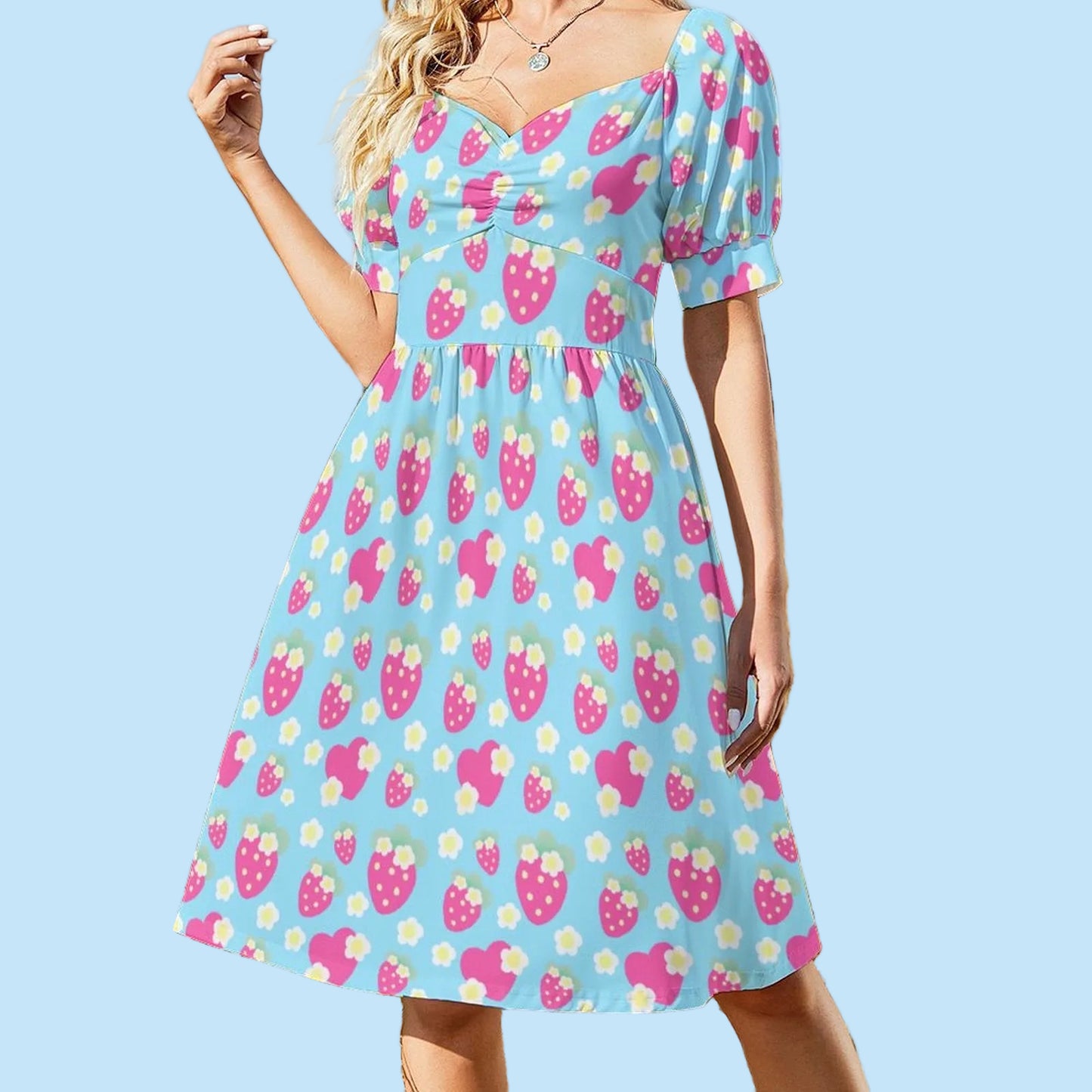 Strawberry Cutie Women's Sweetheart Neckline Puff Short Sleeve A-line Mini Dress (Fruity Berry Blue)
