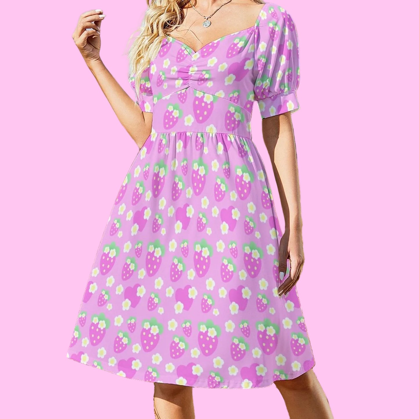 Strawberry Cutie Women's Sweetheart Neckline Puff Short Sleeve A-line Mini Dress (Fruity Berry Pink)