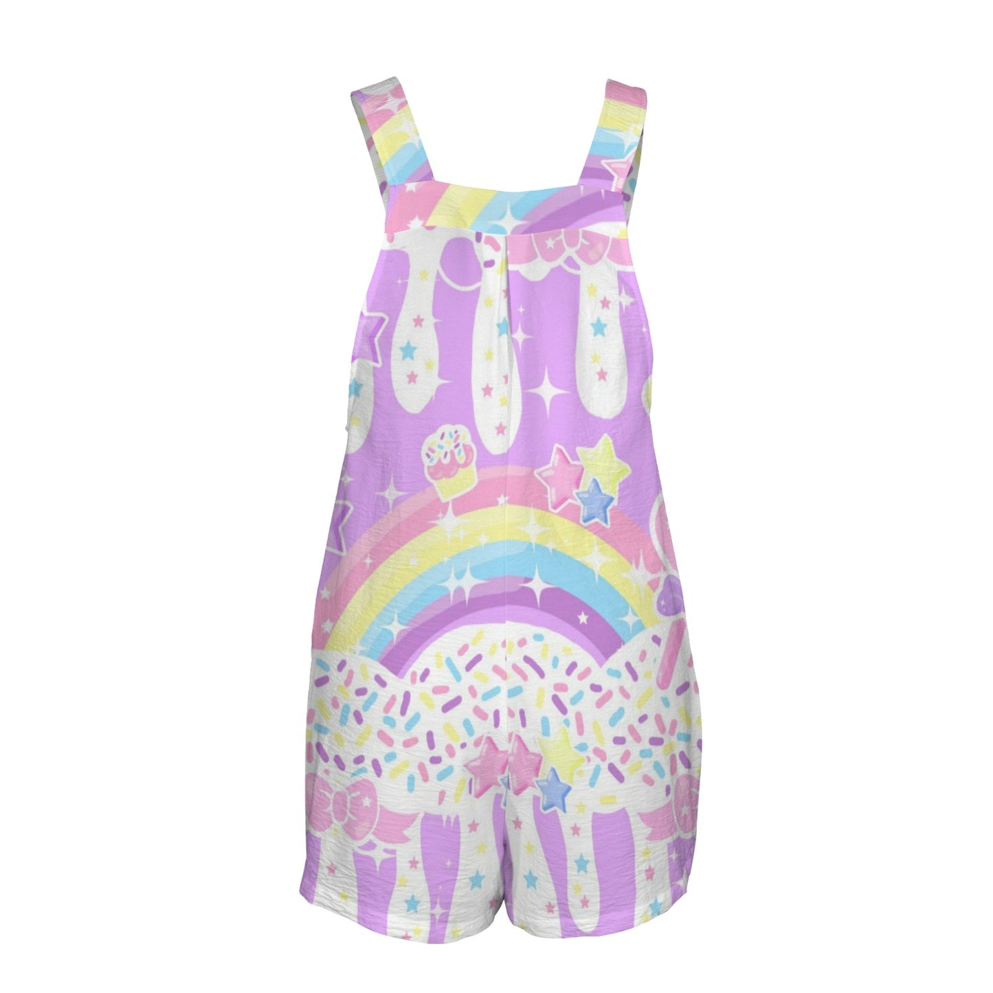 Rainbow Sweets Adjustable Strap Romper Overall Shorts With Pockets (Purple Candy Sprinkles)
