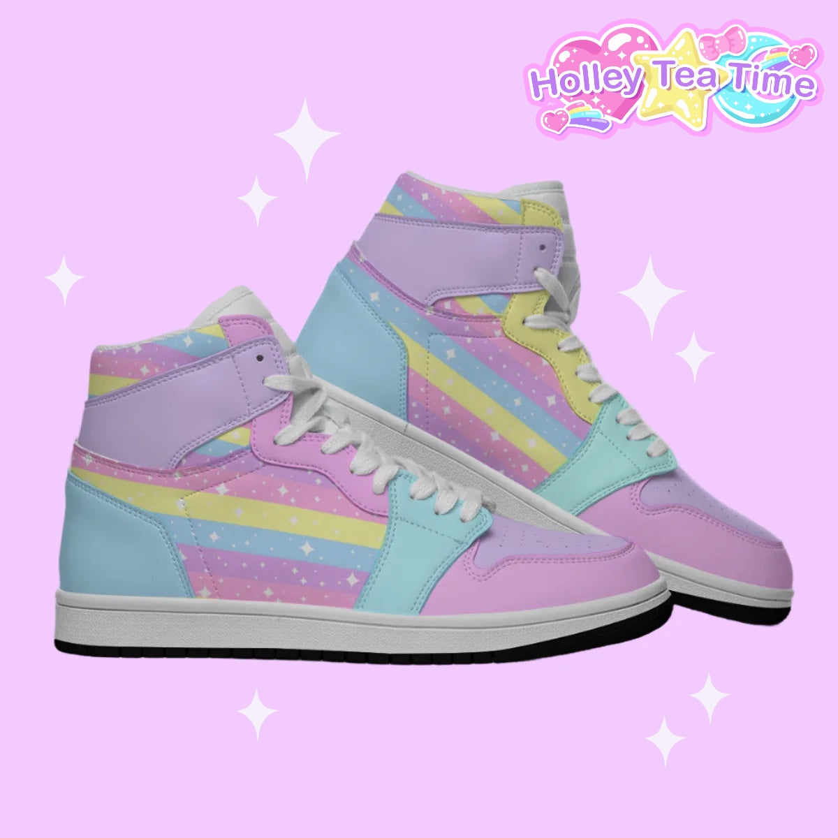 Rainbow Ribbon Women's Faux Leather High Top Sneakers (Pastel Dream)