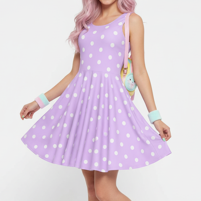 Cute Polka Dots Skater Dress With Pockets (Fairy Kei Pastel Purple) – Holley Tea Time