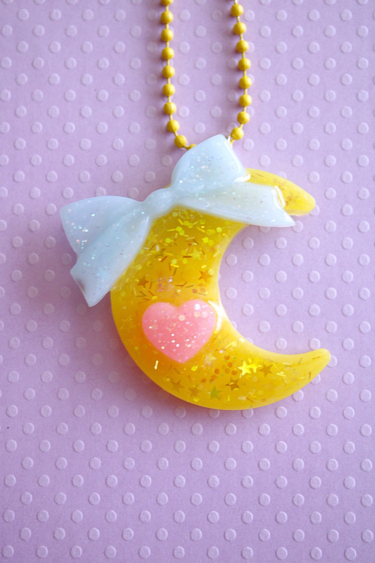 Magical Yellow Moon Necklace (Blue Ribbon Pink Heart)