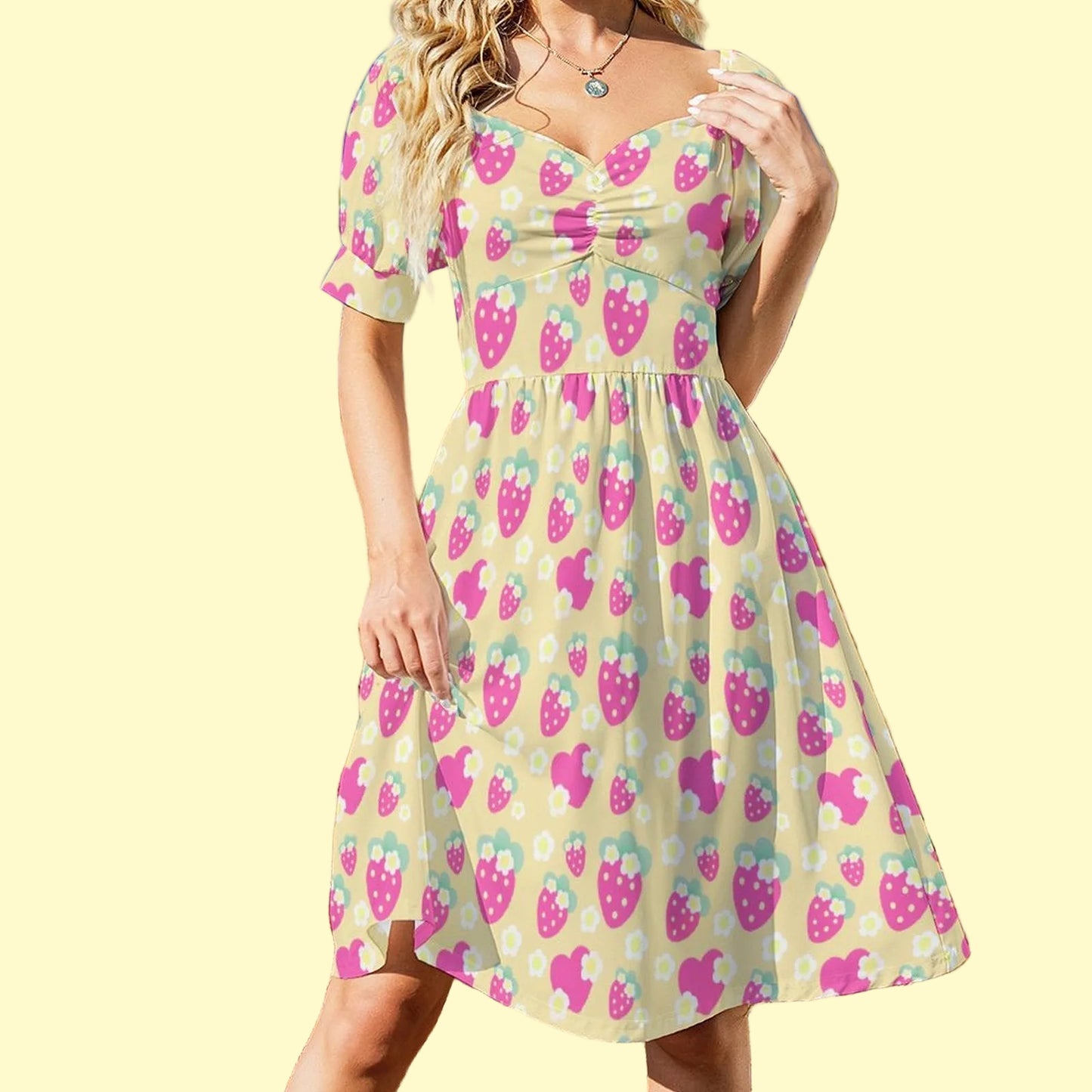 Strawberry Cutie Women's Sweetheart Neckline Puff Short Sleeve A-line Mini Dress (Fruity Berry Yellow)