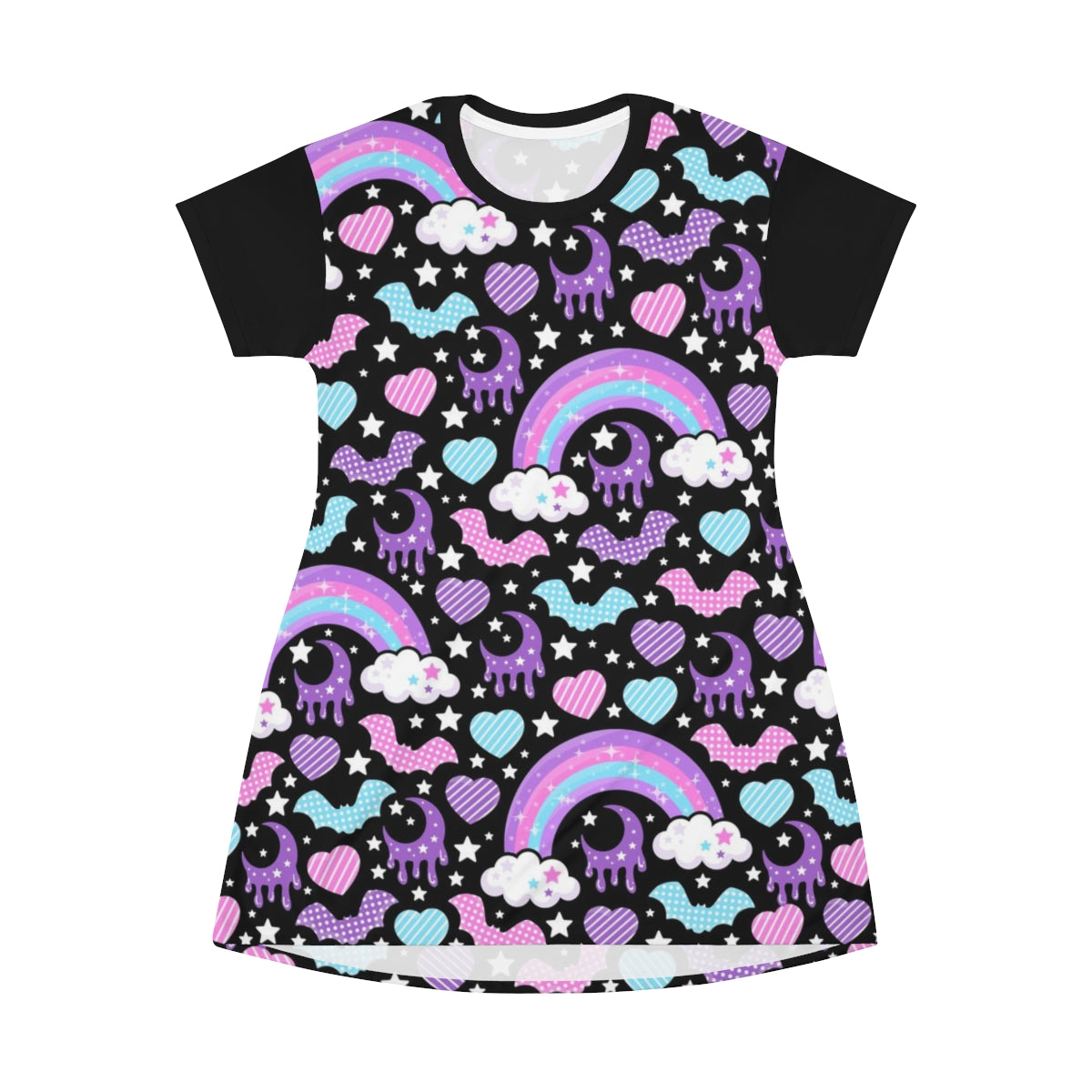 Rainbow Spooky Bats Black All Over Print T-Shirt Mini Dress Holley Tea Time Rainbow Spooky Bats Black All Over Print T-Shirt Mini Dress Holley Tea Time