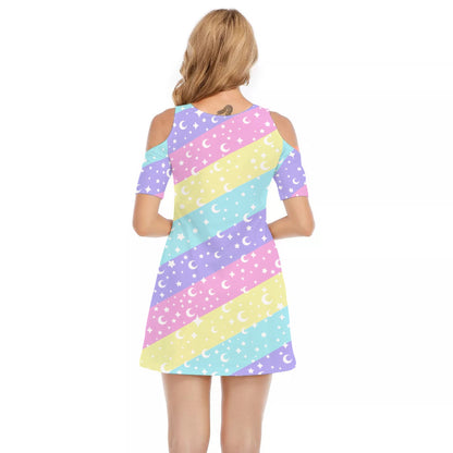 Cosmic Rainbow Women's Cotton Cold Shoulder Mini Dress