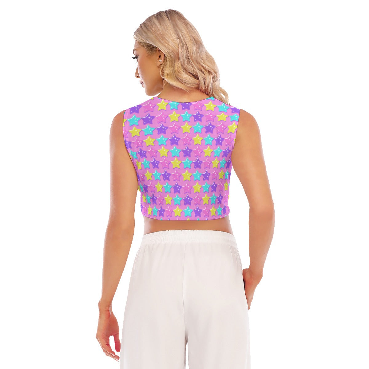 Electric Star Wave Pink Sleeveless Relaxed Fit Crop Top