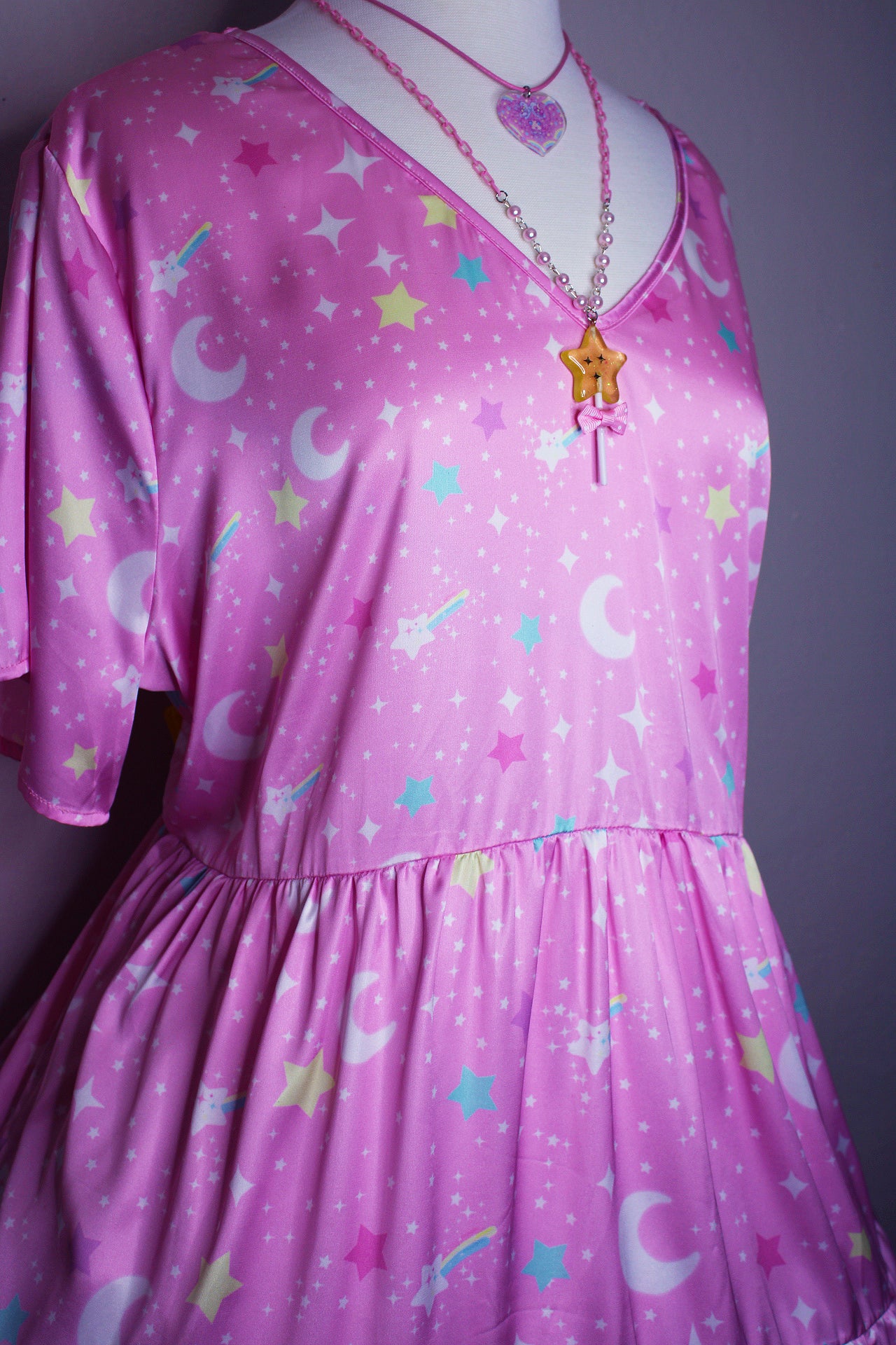 Starry Glitter Pink Tiered Short Sleeve Babydoll Dress