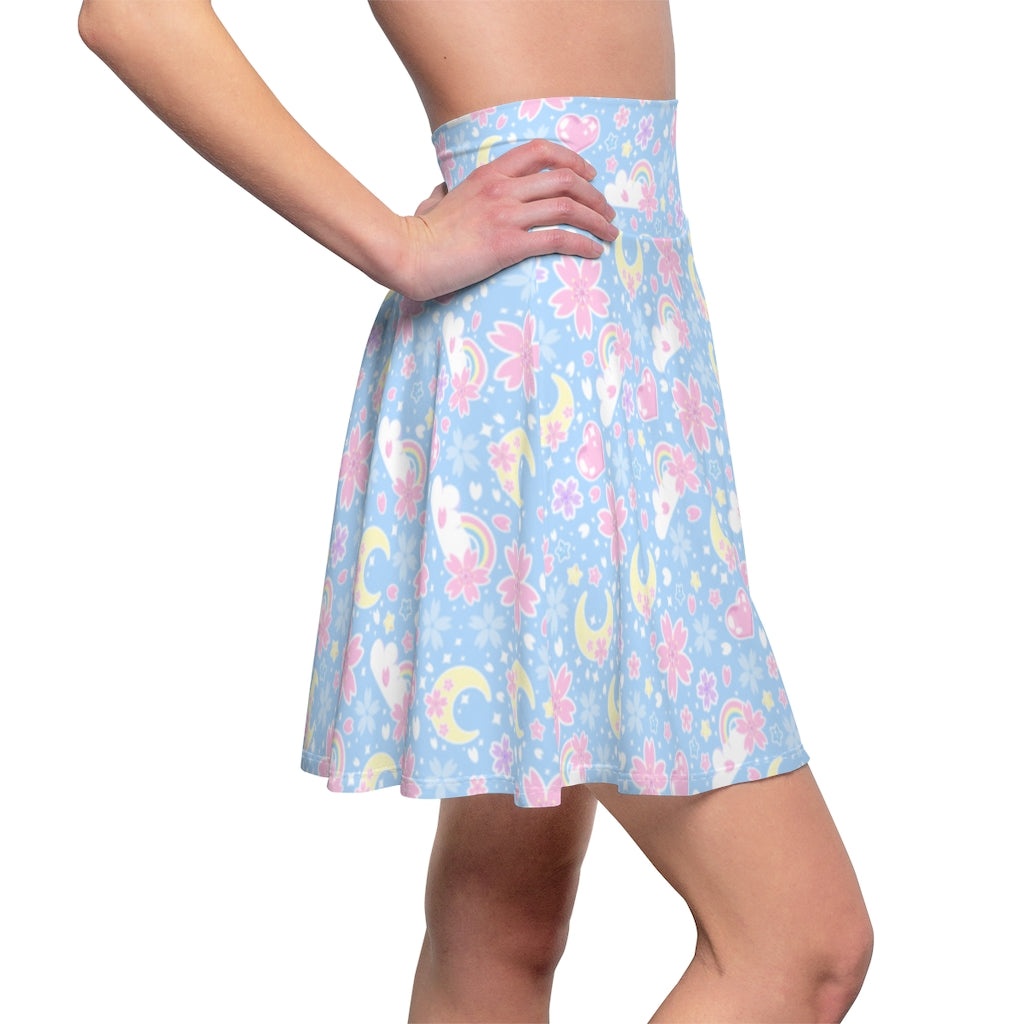 Cherry Blossom Dreams Blue High Waist Skater Skirt