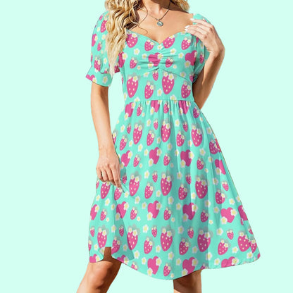 Strawberry Cutie Women's Sweetheart Neckline Puff Short Sleeve A-line Mini Dress (Fruity Berry Mint)