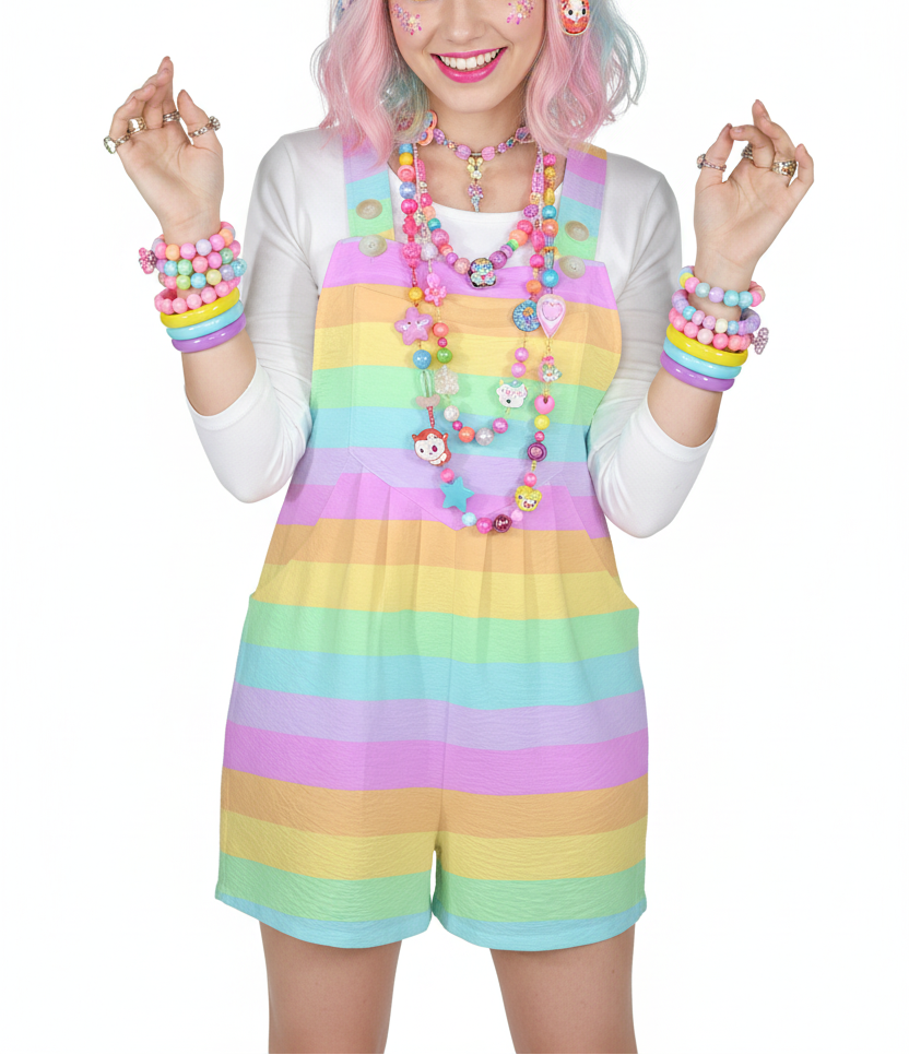 Fruity Rainbow Adjustable Strap Romper Overall Shorts With Pockets (Color Block)