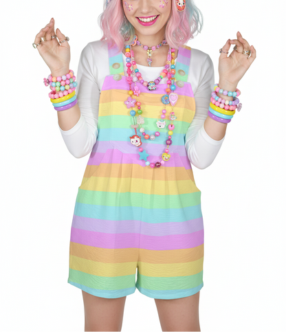 Fruity Rainbow Adjustable Strap Romper Overall Shorts With Pockets (Color Block)