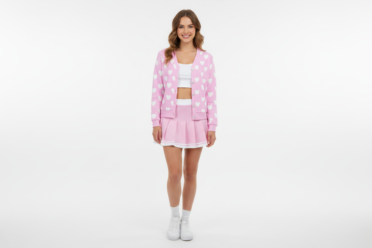 Sweet Love Hearts Ribbed Button Up Cardigan (White x Pink)