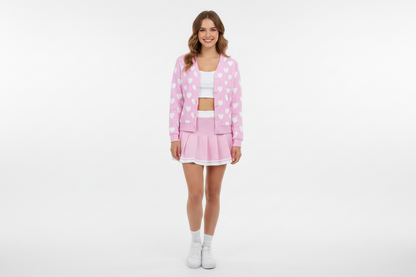 Sweet Love Hearts Ribbed Button Up Cardigan (White x Pink)